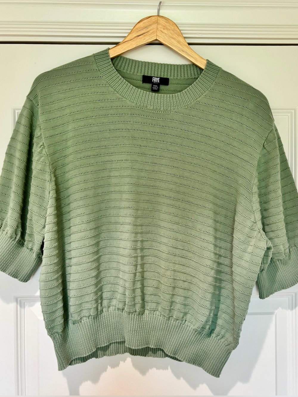 FRYE Sz XXL Sage Green Sweater Fine Gauge Cotton knit Ribbed Crew Short Sleeve - Picture 3 of 10
